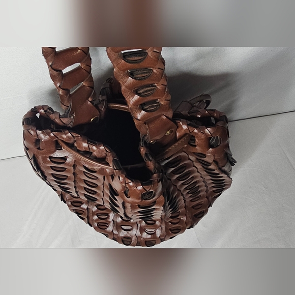 Bohemian Dark Brown Interlocking Leather Handbag Retro Basket Weave Bucket Bag - Picture 4 of 13